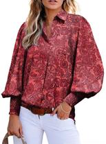 Blusa feminina elegante, casual, fofa, manga lanterna, versátil, linda camisa boêmia moderna e lisonjeira com estampa de decote em V, vermelha escura, GG