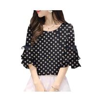 Blusa Feminina Elegante com Bolinhas - Meia Manga, Cadarço e Caimento Solto Blusa Feminina Elegante com Bolinhas - Meia Manga, Cadarço e Caimento Solto