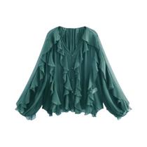 Blusa Feminina Elegante Com Decote Em V, Babados, Manga Comprida, Botões E Semitransparente. Blusa Feminina Elegante Com Decote Em V, Babados, Manga Comprida, Botões E Semitransparente.