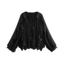 Blusa Feminina Elegante Com Decote Em V, Babados, Manga Comprida, Botões E Semitransparente. Blusa Feminina Elegante Com Decote Em V, Babados, Manga Comprida, Botões E Semitransparente.