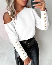 Blusa Feminina Elegante Com Manga Lanterna E Botões, Gola O, Casual Para Escritório, Tops De Outono Blusa Feminina Elegante Com Manga Lanterna E Botões, Gola O, Casual Para Escritório, Tops De Outono