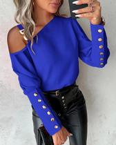 Blusa Feminina Elegante Com Manga Lanterna E Botões, Gola O, Casual Para Escritório, Tops De Outono Blusa Feminina Elegante Com Manga Lanterna E Botões, Gola O, Casual Para Escritório, Tops De Outono