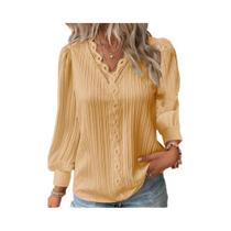 Blusa Feminina Elegante De Chiffon Com Decote Em V, Manga Longa E Detalhes Em Renda, Ajuste Solto