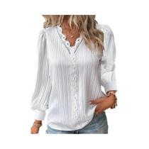 Blusa Feminina Elegante De Chiffon Com Decote V E Manga Longa, Detalhes Em Renda, Caimento Solto,