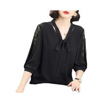 Blusa Feminina Elegante De Chiffon Com Decote V, Manga Média, Laço Borboleta E Renda, Modelo Solto