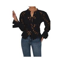 Blusa Feminina Elegante De Manga Longa Em Renda Transparente Com Detalhes Vazados Estilo Dashiki