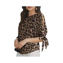 Blusa Feminina Elegante de Meia Manga com Estampa de Leopardo e Cadarço Boêmio