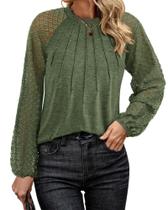 Blusa feminina elegante de renda de manga comprida KIRUNDO, verde militar