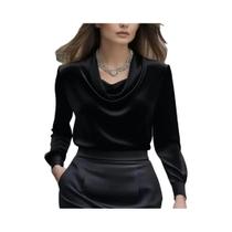 Blusa Feminina Elegante De Seda Cetim Manga Longa Slim Fit Para Escritório Com Gola Sofisticada