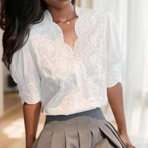 Blusa Feminina Elegante De Verão Com Bordado Em Renda, Camisa Branca Casual Vintage De Manga Curta