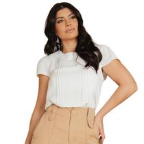 Blusa Feminina Elegante Manga Curta Pregas Off White Crepe Duna