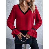 Blusa Feminina Elegante Manga Longa Brilho Confortável Alta Tendência Moda Vermelho D043