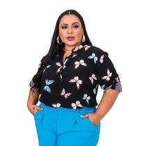 Blusa Feminina Elegante Social Camisa Plus Size Festa Borboletas Com Botões 056 - Show Store