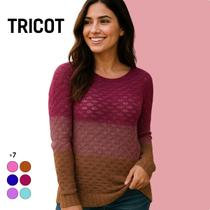 Blusa Feminina Elegante Tricot Manga Longa Tricolor Casual