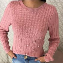 Blusa Feminina em Tricô na Cor Rosa com Pérolas