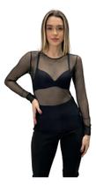 Blusa feminina em tule manga longa preta valisere tamanho:p