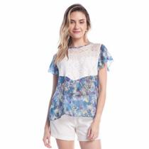 Blusa Feminina Estampada com Renda Estilo Bata Tecido Leve Floral Babados Manga Verão VL0486