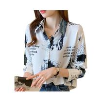 Blusa Feminina Estilo Coreano De Manga Longa Com Estampa De Letras, Camisa Casual Para Escritório,