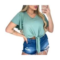 Blusa feminina estilo Viscolycra manga curta gola rasa amarração nozinho