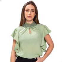 Blusa Feminina Evangélica Manga Babado Gola Pérolas Elegante Blusa Feminina Evangélica Manga Babado Gola Pérolas Elegante