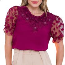 Blusa Feminina Evangélica Manga Tule Poa Com Renda Pérolas - LOOK MODAS OCTAVIO