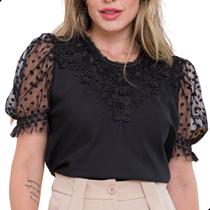 Blusa Feminina Evangélica Manga Tule Poa Com Renda Pérolas - LOOK MODAS OCTAVIO