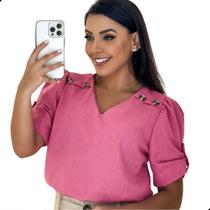 Blusa Feminina Evangélica Social Linho Gola V Com Botões