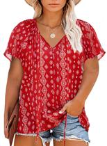 Blusa feminina Eytino Plus Size Boho Floral com decote em V e manga curta Blusa feminina Eytino Plus Size Boho Floral com decote em V e manga curta