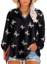 Blusa feminina Eytino plus size com decote em V, lanterna de manga comprida