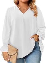 Blusa feminina Eytino plus size com decote em V, manga comprida, chiffon, branca