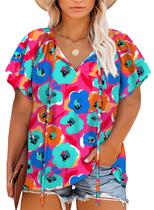 Blusa feminina Eytino plus size de chiffon floral com decote em V 2X multicolorida Blusa feminina Eytino plus size de chiffon floral com decote em V 2X multicolorida