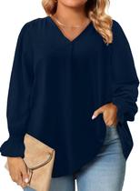 Blusa feminina Eytino plus size de chiffon, manga comprida, decote em V, azul marinho
