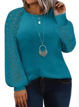 Blusa feminina Eytino plus size de renda de manga comprida 2X azul celeste