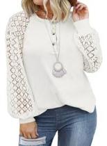 Blusa feminina Eytino plus size de renda de manga comprida com decote em V 3X branca