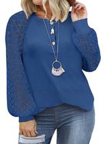 Blusa feminina Eytino plus size de renda raglan de manga comprida azul 1X Blusa feminina Eytino plus size de renda raglan de manga comprida azul 1X