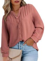 Blusa feminina Eytino plus size de verão, manga comprida, decote em V, rosa