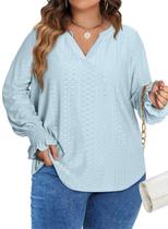 Blusa feminina Eytino plus size, manga comprida, decote em V, azul, 1X Blusa feminina Eytino plus size, manga comprida, decote em V, azul, 1X