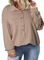 Blusa feminina Eytino plus size, manga comprida, decote em V, botões, cáqui