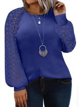 Blusa feminina Eytino plus size raglan de manga comprida, renda 1x azul