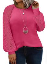 Blusa feminina Eytino plus size raglan de manga comprida, renda 1x rosa Blusa feminina Eytino plus size raglan de manga comprida, renda 1x rosa