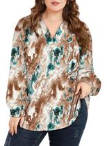 Blusa feminina Eytino, tamanho grande, boho, estampa floral, decote em V, 2x cáqui