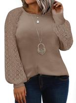 Blusa feminina Eytino, tamanho grande, casual, gola redonda, renda 4x marrom Blusa feminina Eytino, tamanho grande, casual, gola redonda, renda 4x marrom