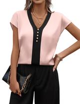 Blusa feminina Fayenne de seda acetinada, manga curta, decote em V, rosa