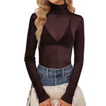 Blusa feminina FEORJGP de malha de manga comprida, gola alta, marrom escuro Blusa feminina FEORJGP de malha de manga comprida, gola alta, marrom escuro