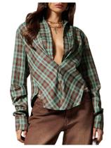 Blusa feminina Floerns xadrez com botões, manga comprida, verde