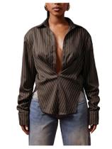 Blusa feminina Floerns xadrez com botões marrom café Blusa feminina Floerns xadrez com botões marrom café