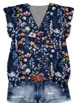Blusa feminina floral com decote V e mangas bufantes - kipfall