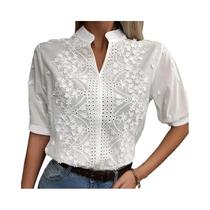 Blusa Feminina Floral com Decote V - Manga Curta, Renda e Estilo Casual Chique