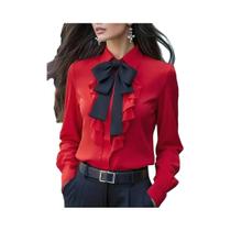 Blusa feminina formal de manga comprida com gola e laço e babados Blusa feminina formal de manga comprida com gola e laço e babados