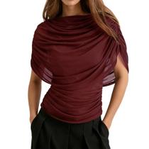 Blusa feminina FWSAM drapeada, manga, cintura franzida, bordô